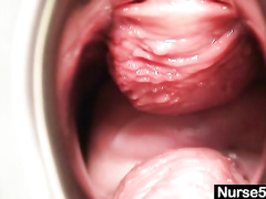 Nasty mature gyno nurse examines her hairy vagina